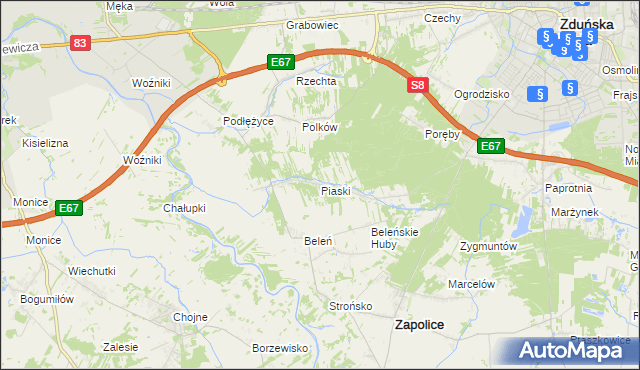 mapa Piaski gmina Zduńska Wola, Piaski gmina Zduńska Wola na mapie Targeo