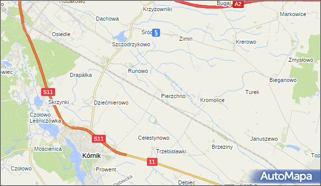 mapa Pierzchno gmina Kórnik, Pierzchno gmina Kórnik na mapie Targeo