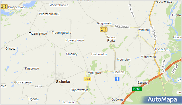 mapa Piotrkówko gmina Sicienko, Piotrkówko gmina Sicienko na mapie Targeo
