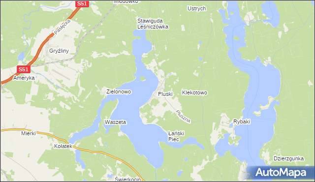 mapa Pluski gmina Stawiguda, Pluski gmina Stawiguda na mapie Targeo