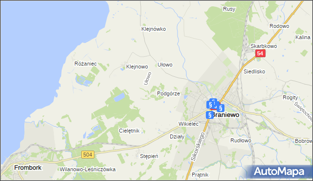 mapa Podgórze gmina Braniewo, Podgórze gmina Braniewo na mapie Targeo