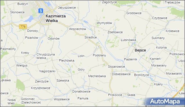 mapa Podolany gmina Kazimierza Wielka, Podolany gmina Kazimierza Wielka na mapie Targeo