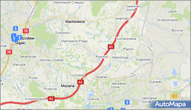 mapa Połomia gmina Mszana, Połomia gmina Mszana na mapie Targeo