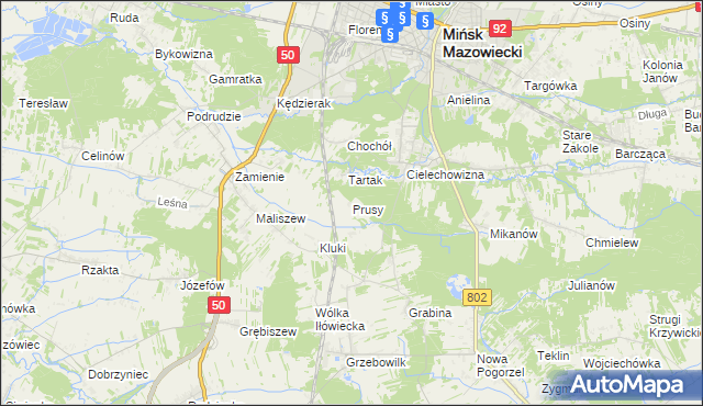 mapa Prusy gmina Mińsk Mazowiecki, Prusy gmina Mińsk Mazowiecki na mapie Targeo
