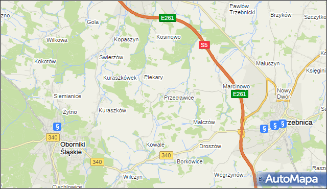 mapa Przecławice gmina Oborniki Śląskie, Przecławice gmina Oborniki Śląskie na mapie Targeo