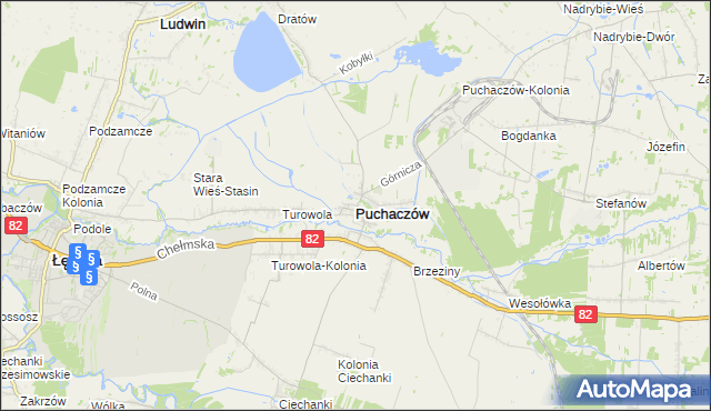 mapa Puchaczów powiat łęczyński, Puchaczów powiat łęczyński na mapie Targeo