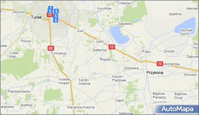 mapa Rogów gmina Przykona, Rogów gmina Przykona na mapie Targeo