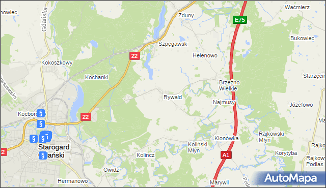 mapa Rywałd gmina Starogard Gdański, Rywałd gmina Starogard Gdański na mapie Targeo