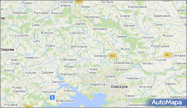 mapa Sieraków gmina Dobczyce, Sieraków gmina Dobczyce na mapie Targeo
