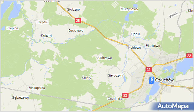 mapa Skórzewo gmina Człuchów, Skórzewo gmina Człuchów na mapie Targeo