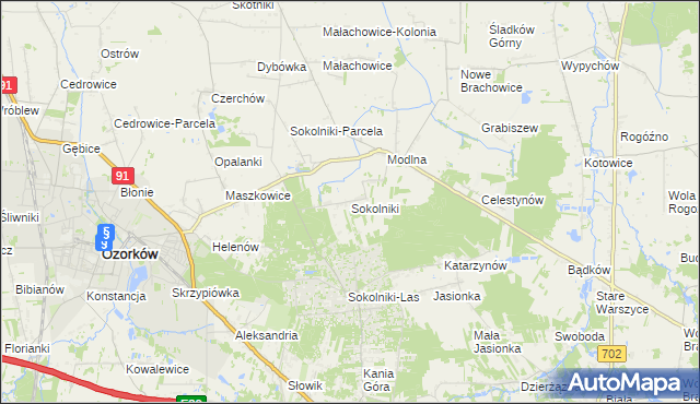 mapa Sokolniki gmina Ozorków, Sokolniki gmina Ozorków na mapie Targeo