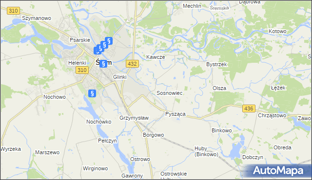 mapa Sosnowiec gmina Śrem, Sosnowiec gmina Śrem na mapie Targeo