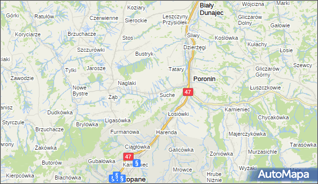 mapa Suche gmina Poronin, Suche gmina Poronin na mapie Targeo