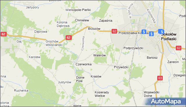 mapa Walerów gmina Sokołów Podlaski, Walerów gmina Sokołów Podlaski na mapie Targeo