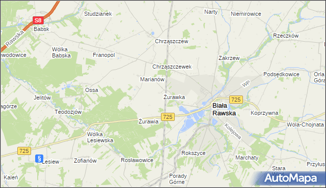 mapa Żurawka gmina Biała Rawska, Żurawka gmina Biała Rawska na mapie Targeo