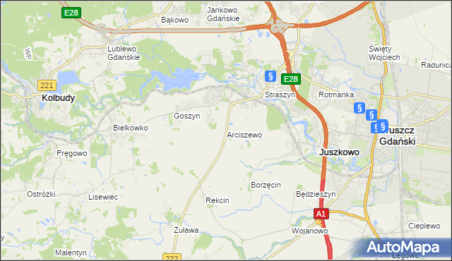 mapa Arciszewo gmina Pruszcz Gdański, Arciszewo gmina Pruszcz Gdański na mapie Targeo