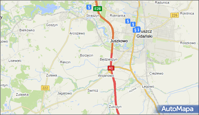 mapa Będzieszyn gmina Pruszcz Gdański, Będzieszyn gmina Pruszcz Gdański na mapie Targeo