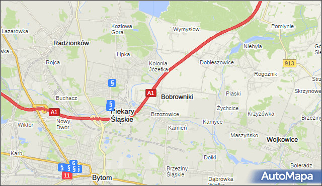 mapa Bobrowniki powiat będziński, Bobrowniki powiat będziński na mapie Targeo