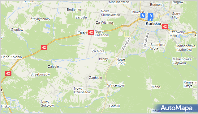 mapa Brody gmina Końskie, Brody gmina Końskie na mapie Targeo