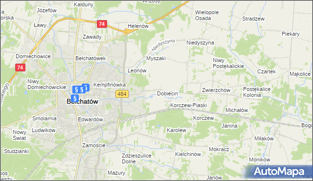 mapa Dobiecin gmina Bełchatów, Dobiecin gmina Bełchatów na mapie Targeo
