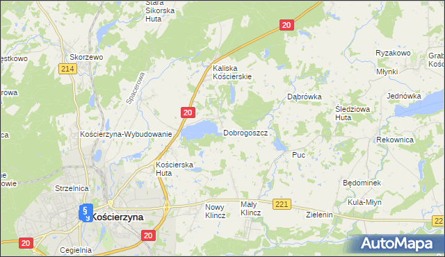 mapa Dobrogoszcz gmina Kościerzyna, Dobrogoszcz gmina Kościerzyna na mapie Targeo