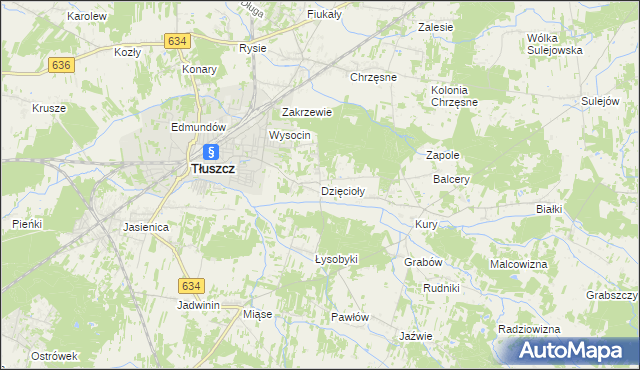 mapa Dzięcioły gmina Tłuszcz, Dzięcioły gmina Tłuszcz na mapie Targeo