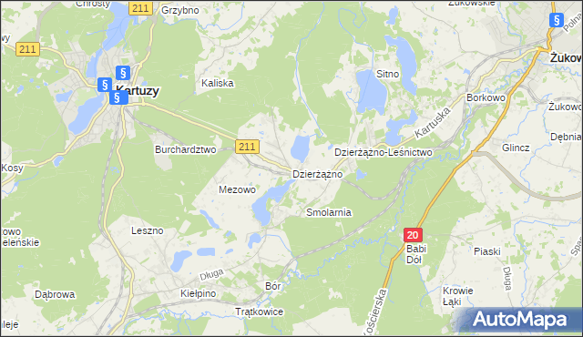 mapa Dzierżążno gmina Kartuzy, Dzierżążno gmina Kartuzy na mapie Targeo