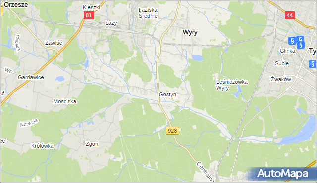 mapa Gostyń gmina Wyry, Gostyń gmina Wyry na mapie Targeo