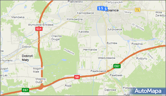 mapa Hermanów gmina Pabianice, Hermanów gmina Pabianice na mapie Targeo