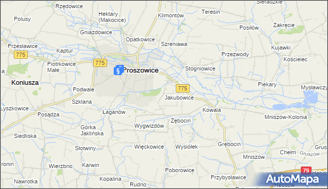 mapa Jakubowice gmina Proszowice, Jakubowice gmina Proszowice na mapie Targeo