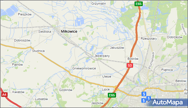 mapa Jezierzany gmina Miłkowice, Jezierzany gmina Miłkowice na mapie Targeo