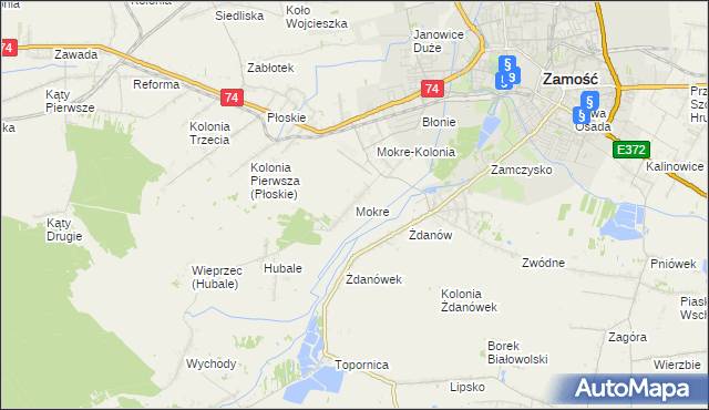 mapa Mokre gmina Zamość, Mokre gmina Zamość na mapie Targeo