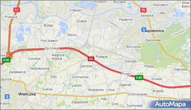 mapa Podłęże gmina Niepołomice, Podłęże gmina Niepołomice na mapie Targeo