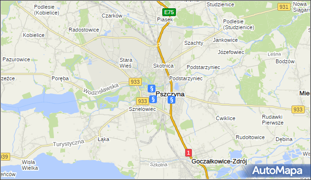 mapa Pszczyny, Pszczyna na mapie Targeo