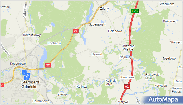 mapa Rywałd gmina Starogard Gdański, Rywałd gmina Starogard Gdański na mapie Targeo