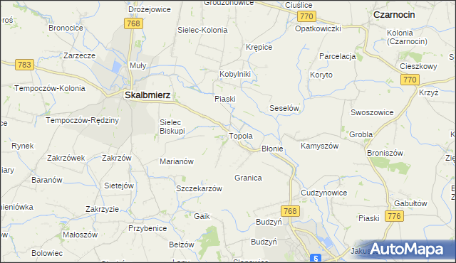 mapa Topola gmina Skalbmierz, Topola gmina Skalbmierz na mapie Targeo