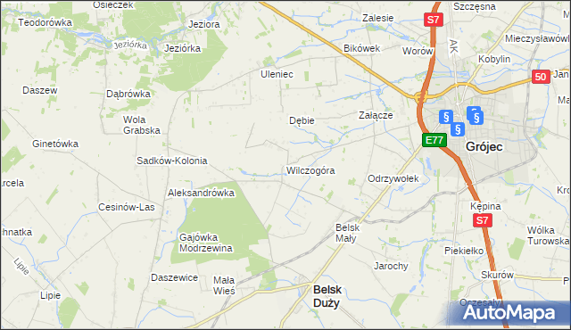 mapa Wilczogóra gmina Belsk Duży, Wilczogóra gmina Belsk Duży na mapie Targeo