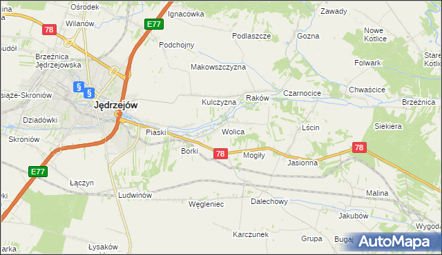 mapa Wolica gmina Jędrzejów, Wolica gmina Jędrzejów na mapie Targeo