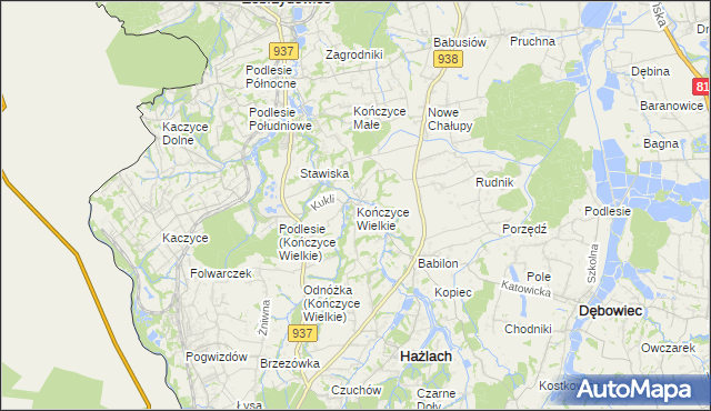 mapa Kończyce Wielkie, Kończyce Wielkie na mapie Targeo