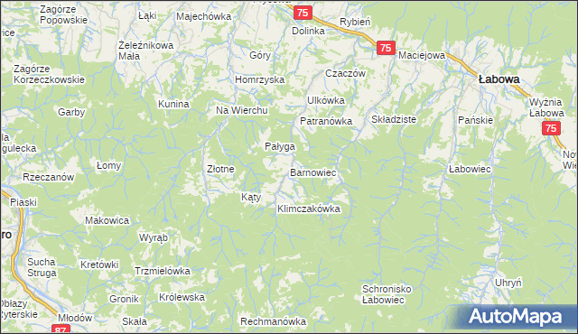 mapa Barnowiec gmina Łabowa, Barnowiec gmina Łabowa na mapie Targeo