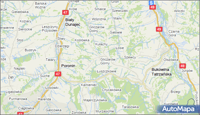 mapa Gliczarów Górny, Gliczarów Górny na mapie Targeo