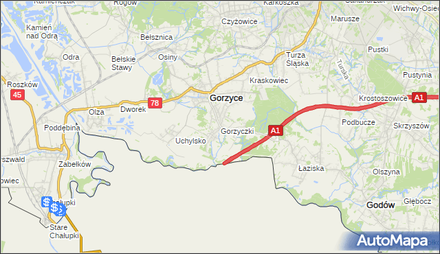 mapa Gorzyczki gmina Gorzyce, Gorzyczki gmina Gorzyce na mapie Targeo