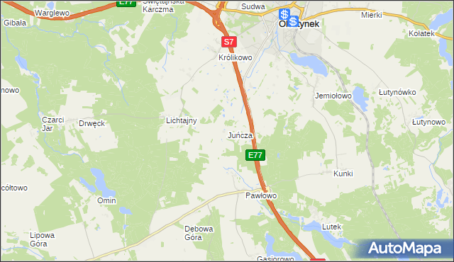 mapa Juńcza gmina Olsztynek, Juńcza gmina Olsztynek na mapie Targeo