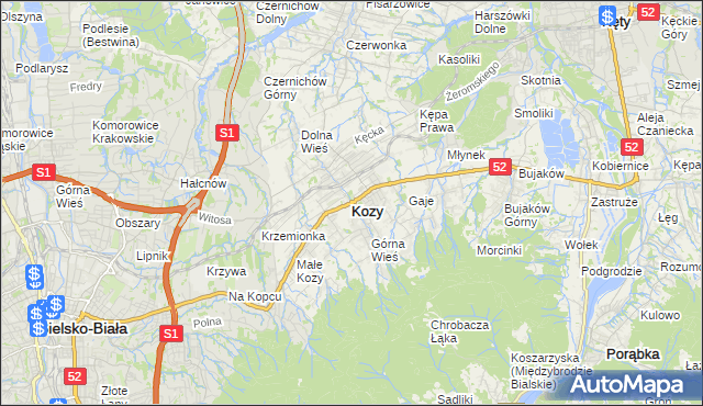 mapa Kozy powiat bielski, Kozy powiat bielski na mapie Targeo