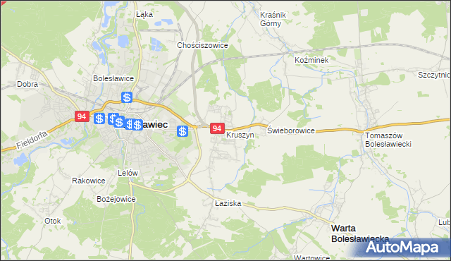 mapa Kruszyn gmina Bolesławiec, Kruszyn gmina Bolesławiec na mapie Targeo