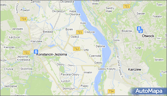mapa Łęg gmina Konstancin-Jeziorna, Łęg gmina Konstancin-Jeziorna na mapie Targeo