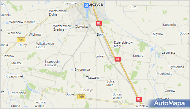 mapa Lubień gmina Łęczyca, Lubień gmina Łęczyca na mapie Targeo