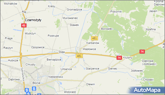mapa Masłowice gmina Wieluń, Masłowice gmina Wieluń na mapie Targeo