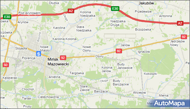 mapa Osiny gmina Mińsk Mazowiecki, Osiny gmina Mińsk Mazowiecki na mapie Targeo