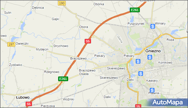 mapa Piekary gmina Gniezno, Piekary gmina Gniezno na mapie Targeo